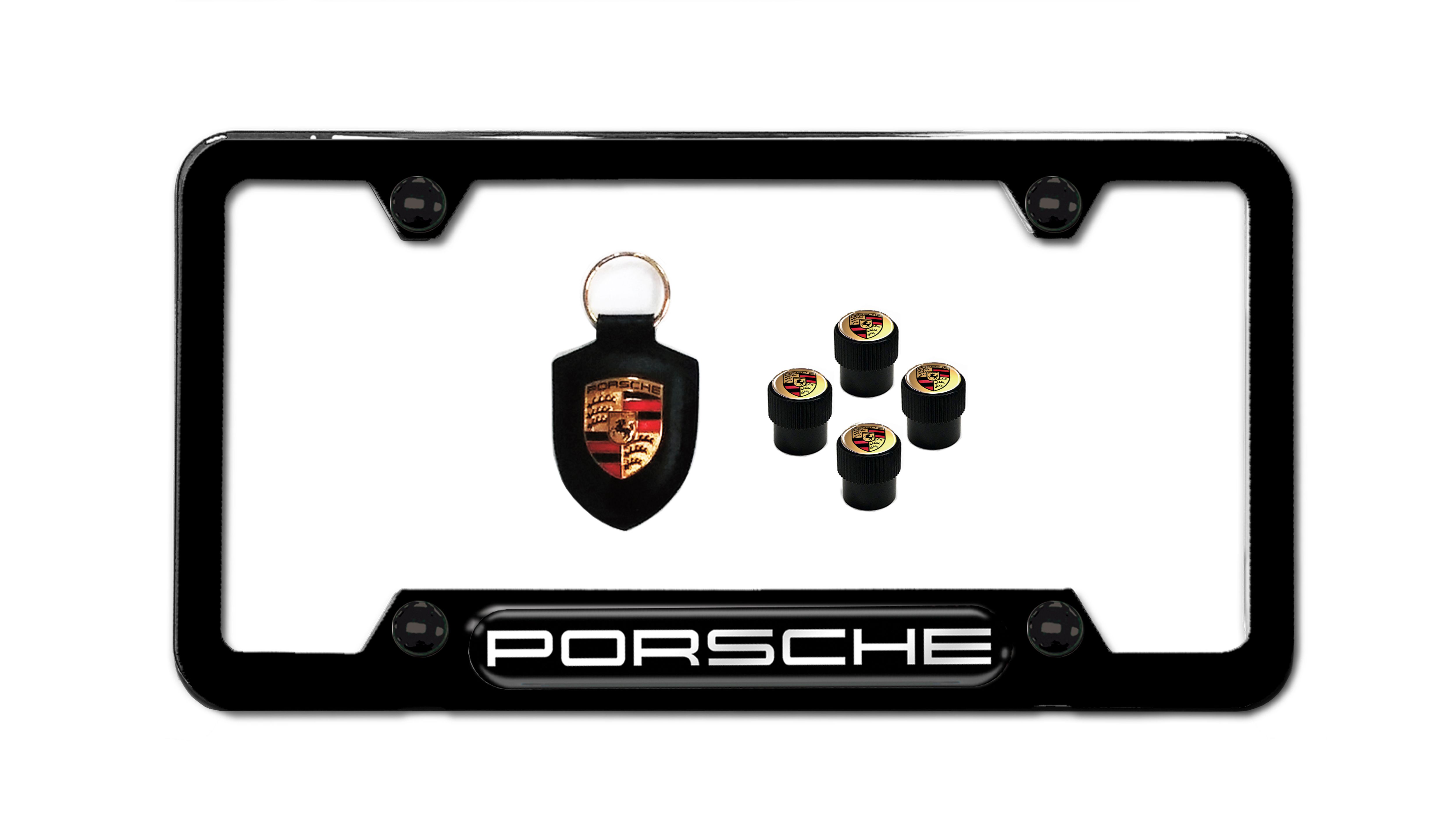 Powder Coated Black Stainless Steel Porsche Nameplate License Frame with Black Porsche Logo Valve Stem Caps and Genuine Leather Keyfob zoom
