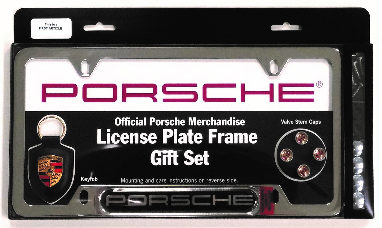 Polished Stainless Steel Porsche Nameplate License Frame with Chrome Porsche Logo Valve Stem Caps and Genuine Leather Keyfob zoom