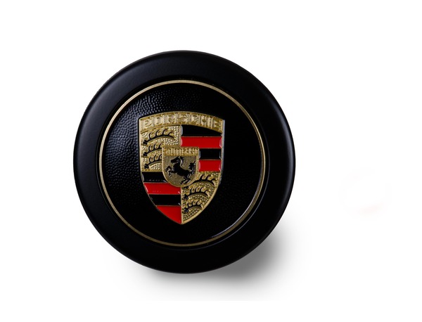 Hub cap in black with full-color Porsche Crest for Fuchs wheel zoom