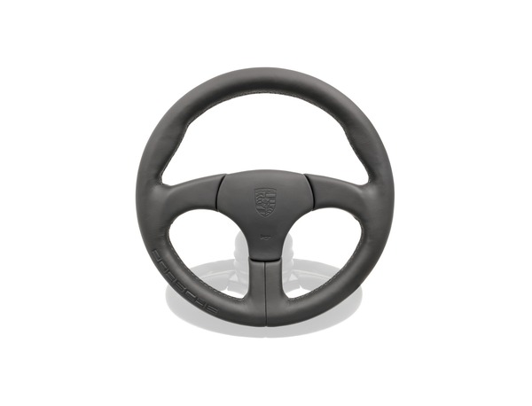 Sports steering wheel without airbag in Black with embossed Porsche logo for Porsche 928 zoom