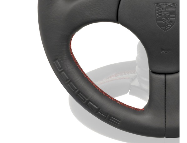 Sports steering wheel without airbag in Black with embossed Porsche logo and Guards Red stitching for Porsche 928 photo(1) 