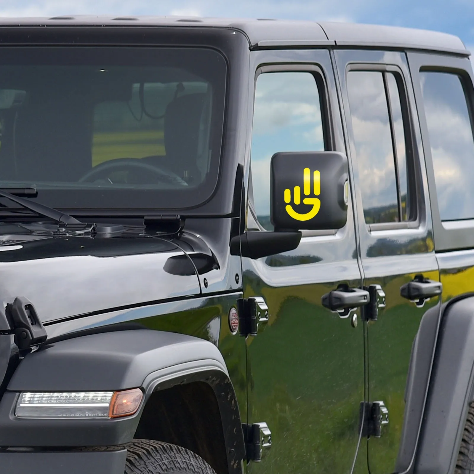 OEM 2000 Jeep Wrangler SWB Visco Jeep Wave Smile Hand Graphic, Yellow (Part #68663232AA)